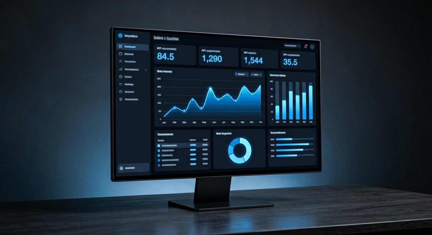 Monitor exibindo dashboard analítico com gráficos azuis