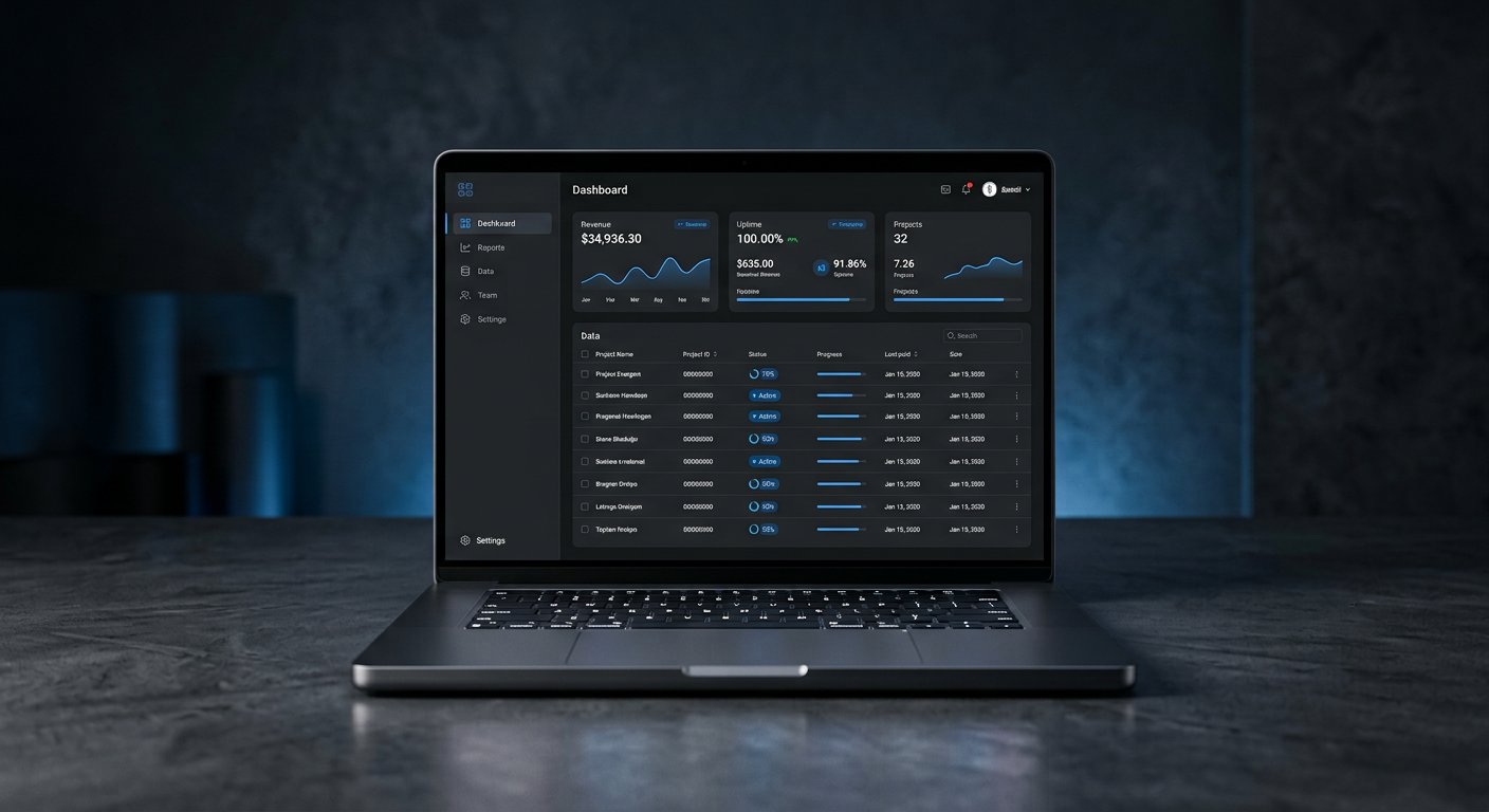 Notebook exibindo sistema corporativo em modo escuro