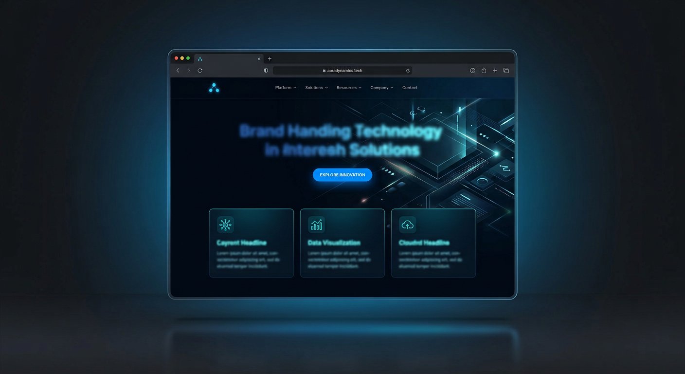 Browser exibindo site institucional em tema escuro com destaques azuis